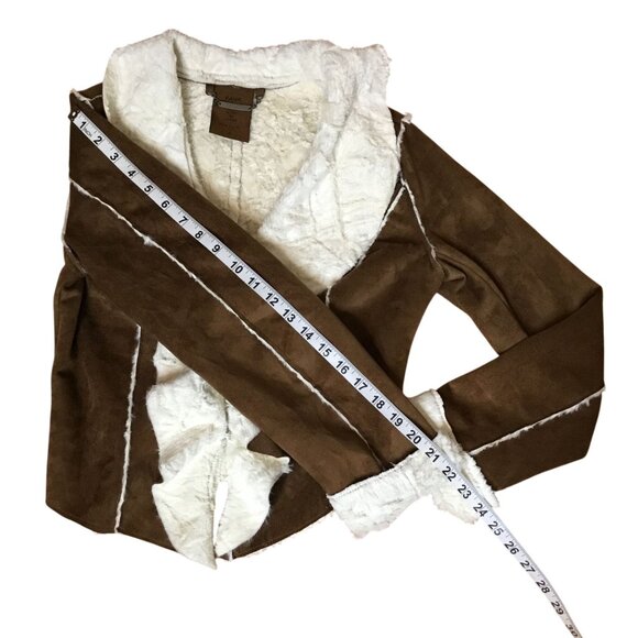Jou Jou Faux Shearling Jacket Brown S Cream Open Front Moto Style Soft Lined - Picture 9 of 10